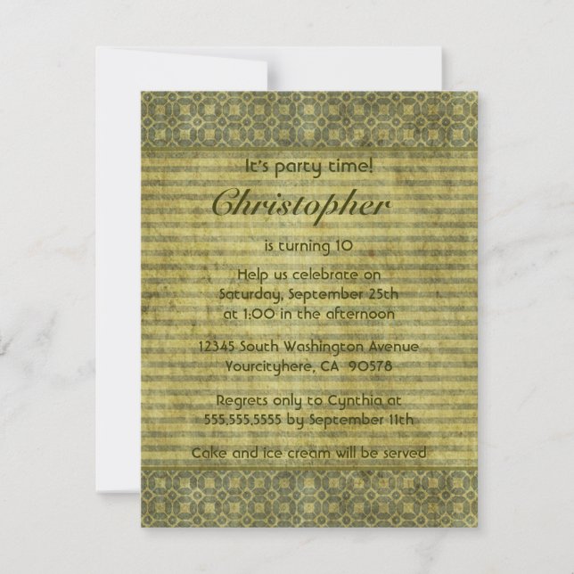 Vintage green distressed birthday party invitation (Front)