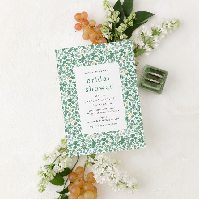 Vintage Green Ditzy Floral Bridal Shower Invitation (Green ditzy floral garden wedding Bridal Shower invitation.)