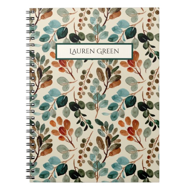 Vintage Green Elegant Monogram Botanical Pattern  Notebook (Front)