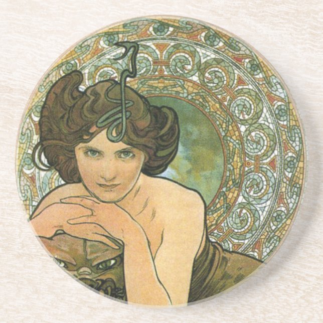 Vintage Green Emerald Temptress Art Nouveau Mucha Coaster (Front)