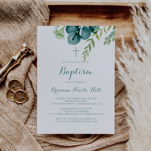 Vintage Green Eucalyptus Calligraphy Baptism  Invitation (Creator Uploaded)