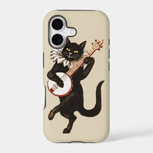 Vintage Green Eyed Black Cat Plays a Red Banjo