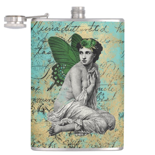 Vintage Green Fairy on Aqua Ephemera Hip Flask (Opened)