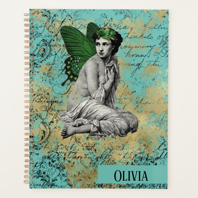 Vintage Green Fairy on Aqua Personalised Planner (Front)