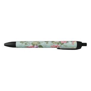Vintage Green Floral Design Black Ink Pen