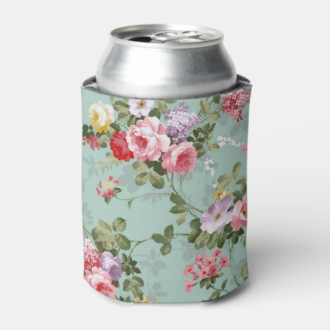 Vintage Green Floral Design  Can Cooler (Can Front)