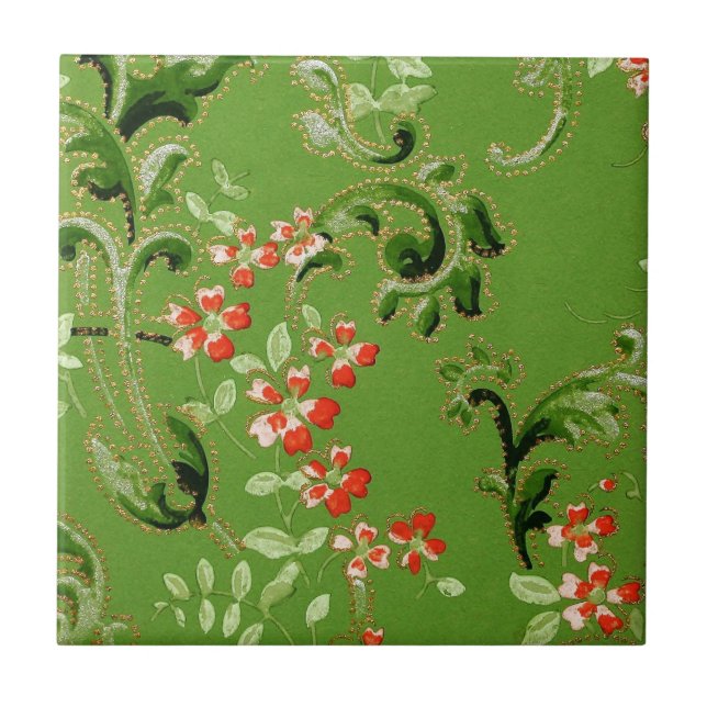 Vintage Green Floral Design Tile (Front)