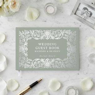 Vintage Green Floral Foil Wedding Personalised Guest Book