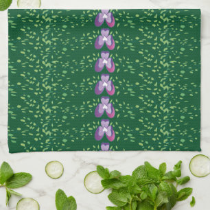 Vintage Green Floral Violets wallpaper pattern Tea Towel