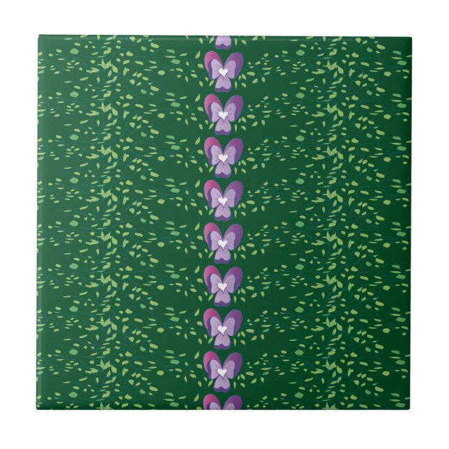 Vintage Green Floral Violets wallpaper pattern Tile (Front)