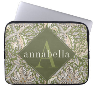 Vintage Green Floral William Morris Monogram Laptop Sleeve