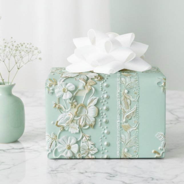 Vintage Green Floral Wrapping Paper (elegant vintage pale mint green faux lace floral gift wrap wrapping paper)