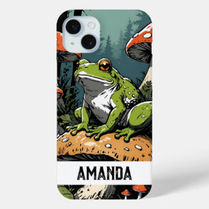 Vintage Green Frog on Mushroom Custom Name iPhone 15 Mini Case