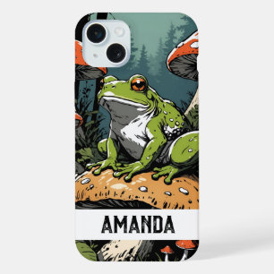 Vintage Green Frog on Mushroom Custom Name iPhone 15 Plus Case