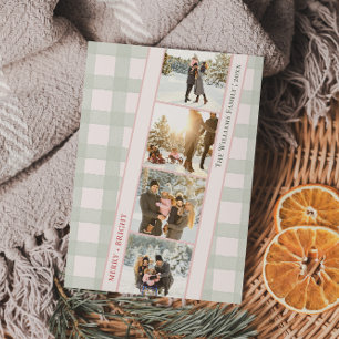Vintage Green Gingham Plaid Christmas Five Photo Holiday Card