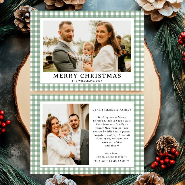 Vintage Green Gingham Plaid Photo Christmas Holiday Card (Creator Uploaded)