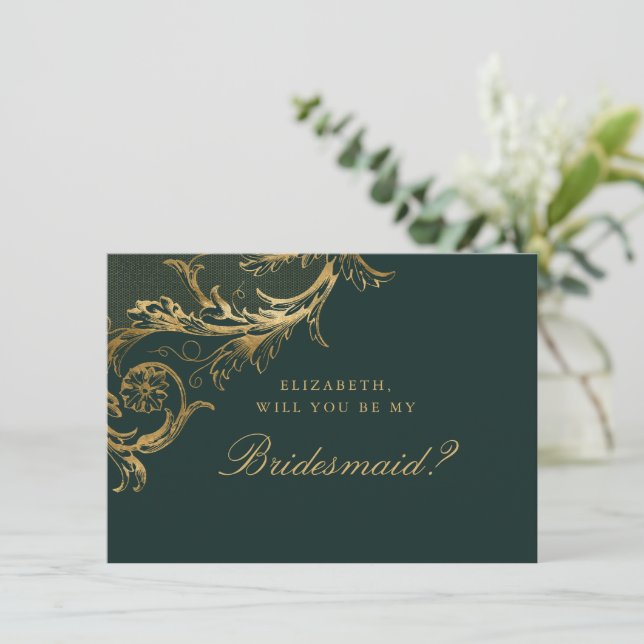 Vintage Green Gold Floral Damask Bridesmaid Invitation (Standing Front)