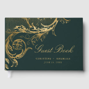 Vintage Green Gold Floral Damask Script Wedding Guest Book