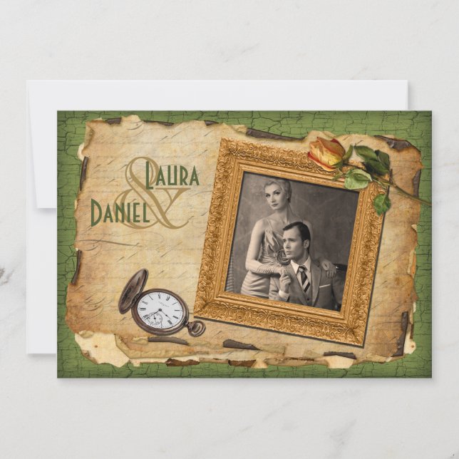 Vintage Green, Gold Frame Photo Wedding Invite II (Front)