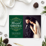 Vintage Green Gold Married Christmas Wedding Photo Holiday Card<br><div class="desc">Elegant "We wish you a Married Christmas and Happy New Year" holiday photo cards for a newlywed couple includes an ornate gold vintage typography design with beautiful scroll detail and custom text you can personalise with a sweet and simple message from the newly married couple. Emerald green background colour. The...</div>