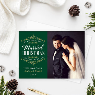 Vintage Green Gold Married Christmas Wedding Photo Holiday Card