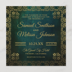Vintage Green Gold Oriental Wedding Invitation