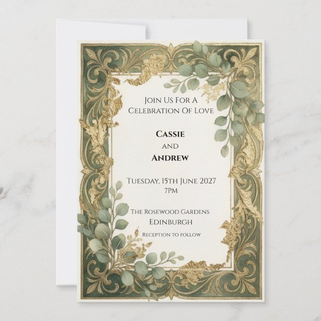 Vintage Green Gold Ornate Botanical Wedding Invitation (Front)