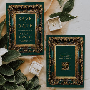 Vintage Green Gold QR Code Wedding Save the Date Invitation