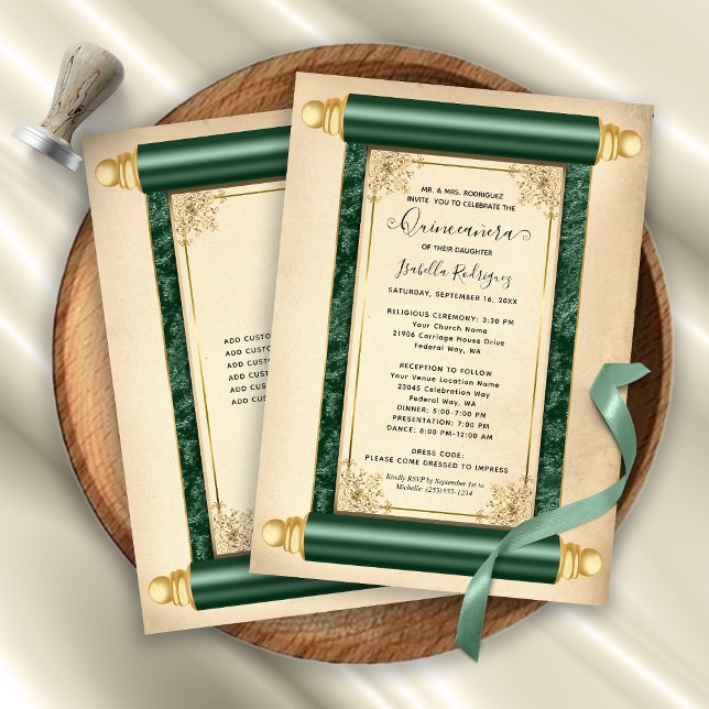 Vintage Green Gold Scroll Elegant Quinceañera Invitation (Vintage Green Gold Scroll Elegant Quinceañera Invitation)