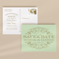 Vintage Green Gold Scrollwork Save the Date