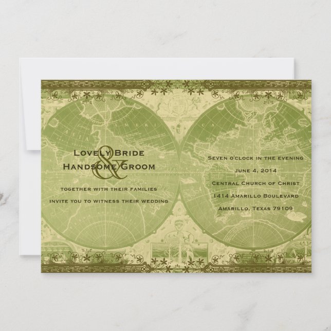Vintage Green Gold World Map Wedding Invitation (Front)