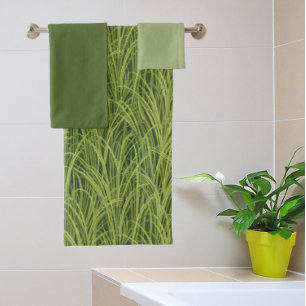 Vintage Green Grass + Purple Iris Art Elegant Bath Towel Set
