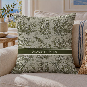 Vintage Green Grey French Toile de Jouy Cushion