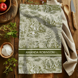 Vintage green grey toile de jouy printed tea towel