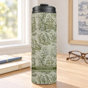 Vintage green grey toile de jouy printed thermal tumbler