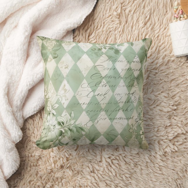 Vintage Green Harlequin Floral Script Cushion (Blanket)