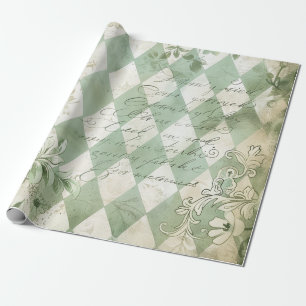 Vintage Green Harlequin Floral Script Wrapping Paper
