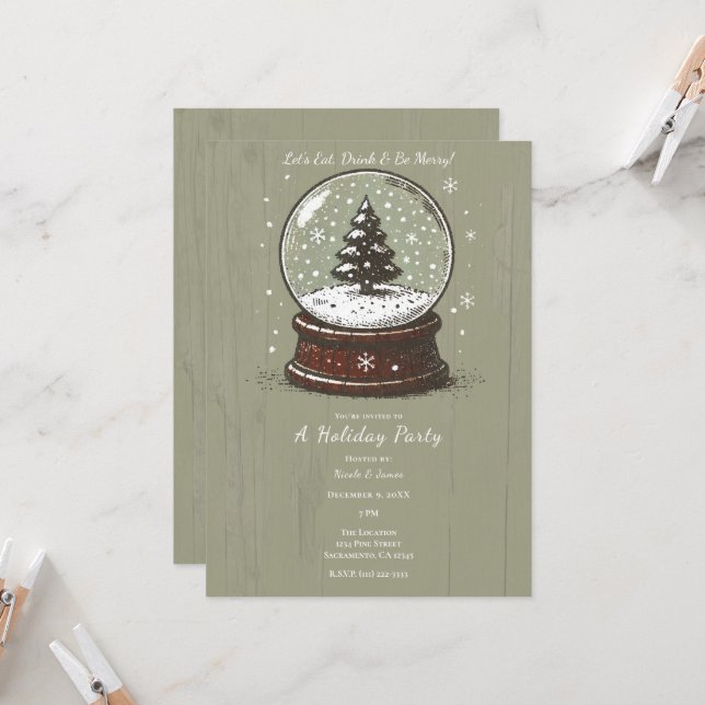 Vintage Green Holiday Snow Globe Christmas Party  Invitation (Front/Back In Situ)