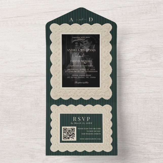 Vintage Green Lace Wedding All In One Invitation (Inside)