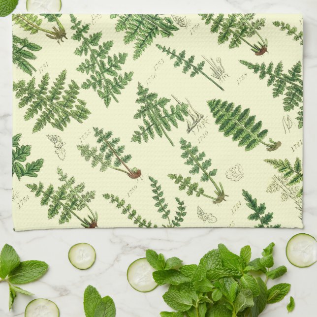 Vintage Green Leafy Plants Tea Towel (Folded)