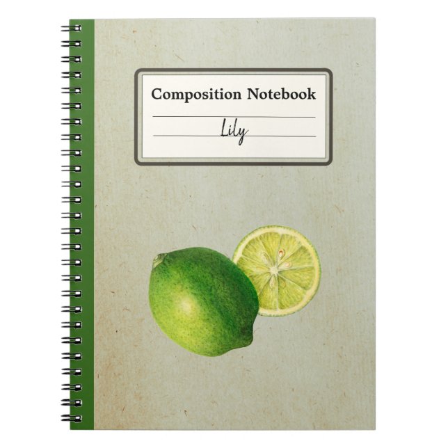 Vintage Green Lemon Illustration Personalised Comp Notebook (Front)