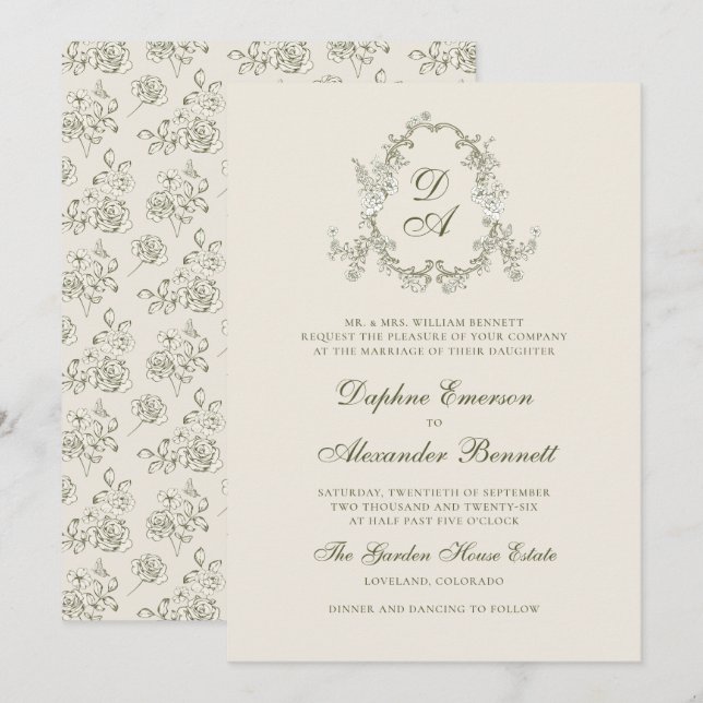 Vintage Green Monogrammed Floral Wedding Invitation (Front/Back)