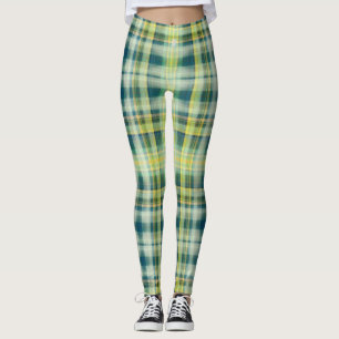 Vintage Green orange grey distressed plaid pattern Leggings