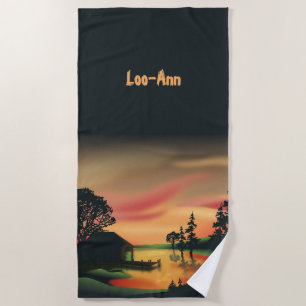 Vintage Green Orange Red Landscape Sunset Beach Towel