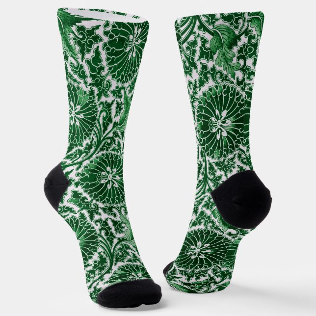 Vintage Green Ornamental Floral Pattern Socks (Angled)