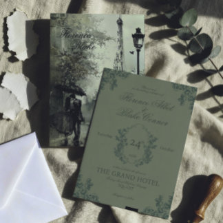 Vintage Green Paris Wedding Invitation