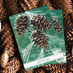 Vintage Green Pine Cone Forest Greetings  Holiday Card