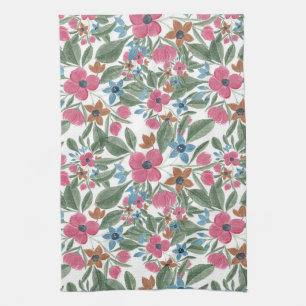 Vintage Green Pink Blue Watercolor Floral Pattern Tea Towel