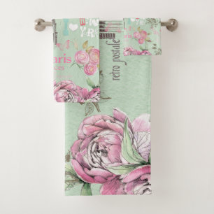Vintage green pink floral collage typography bath towel set