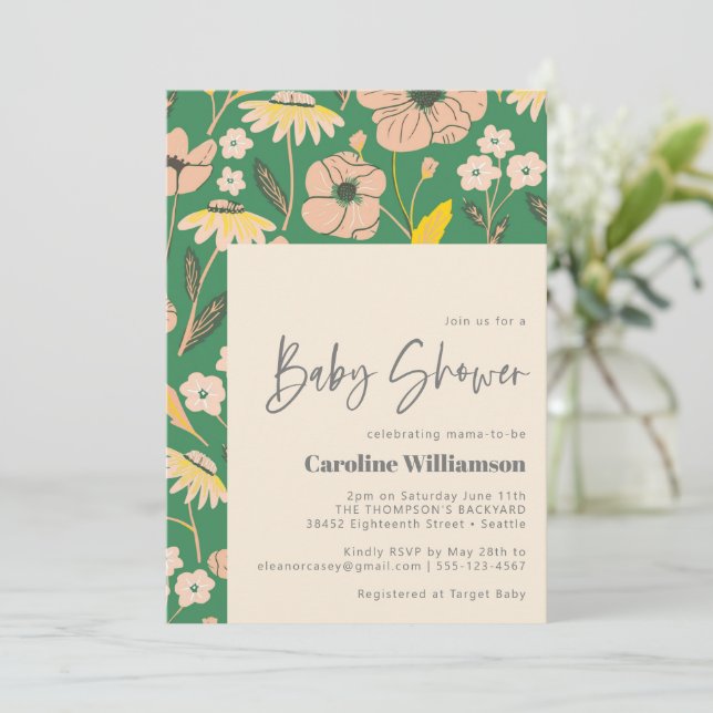 Vintage Green Pink Floral Script Cute Baby Shower Invitation (Standing Front)